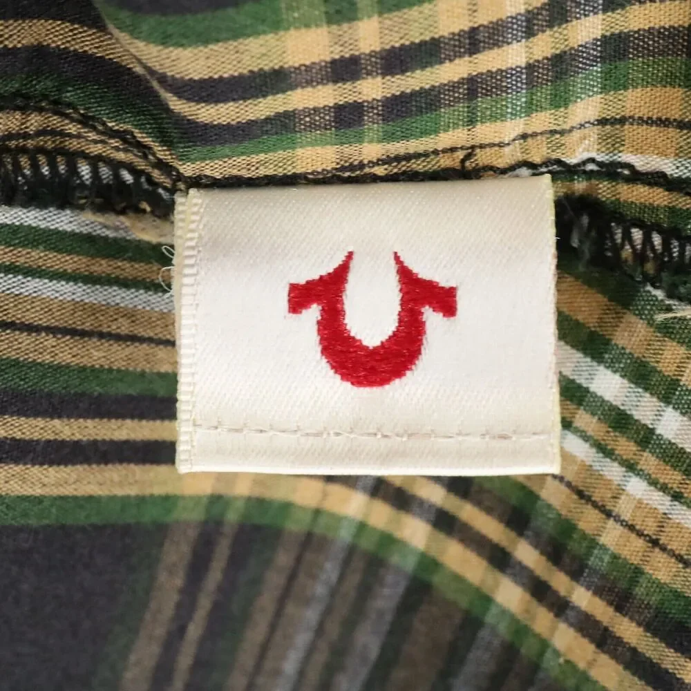 True Religion Shirt Mens XL Western Brown Plaid Pearl Snaps Pockets Tiny Flaw